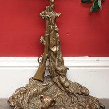 Load image into Gallery viewer, x SOLD Antique French Brass Umbrella Holder with Resting Dog, Horn, Hunting Scene. B9830