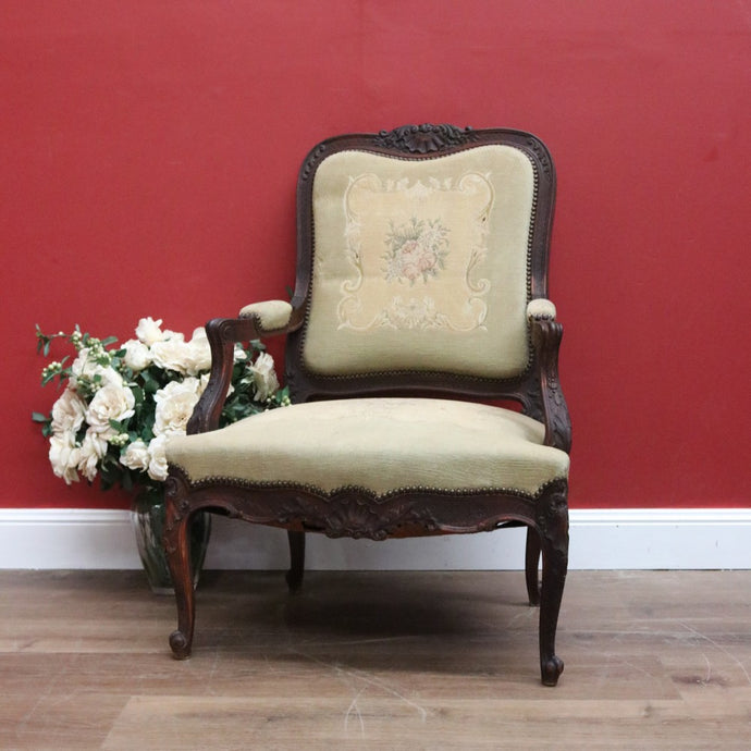 Antique Grandfather Chair, Oak and Tapestry Padded Arm Armchair Grandfather Seat B10782