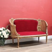 Load image into Gallery viewer, x SOLD Antique French Settee, Sofa, Gilt Timber, Cane, Fabric, Boudoir Chair, Armchair B11145