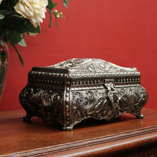 Load image into Gallery viewer, x SOLD Vintage Pewter Jewellery Box, Navy Velvet Lining and Two Dividers, Scroll Work B11227