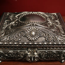 Load image into Gallery viewer, x SOLD Vintage Pewter Jewellery Box, Navy Velvet Lining and Two Dividers, Scroll Work B11227