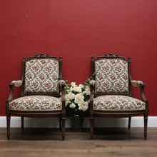 Load image into Gallery viewer, Pair of Antique French Chairs, Armchairs, Walnut Gilt Frame Rust Amber Flowers B11187
