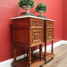 Load image into Gallery viewer, x SOLD Antique French Bedside Tables, Oak and Marble Lamp Table, Lamp Bedside Cabinets B11130