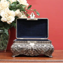 Load image into Gallery viewer, x SOLD Vintage Pewter Jewellery Box, Navy Velvet Lining and Two Dividers, Scroll Work B11227