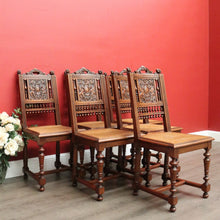 Load image into Gallery viewer, x SOLD Antique French Walnut and Cane Dining Chairs, Carved back Kitchen Chairs B10520