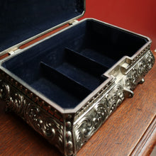 Load image into Gallery viewer, x SOLD Vintage Pewter Jewellery Box, Navy Velvet Lining and Two Dividers, Scroll Work B11227