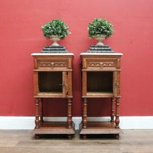 Load image into Gallery viewer, x SOLD Antique French Bedside Tables, Oak and Marble Lamp Table, Lamp Bedside Cabinets B11130