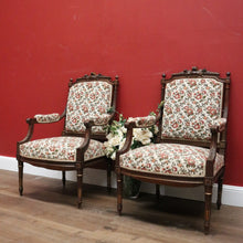Load image into Gallery viewer, x SOLD Pair of Antique French Chairs, Armchairs, Walnut Gilt Frame Rust Amber Flowers B11187
