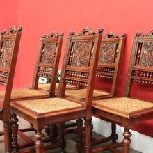 Load image into Gallery viewer, x SOLD Antique French Walnut and Cane Dining Chairs, Carved back Kitchen Chairs B10520