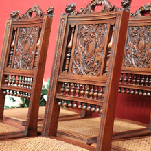 Load image into Gallery viewer, x SOLD Antique French Walnut and Cane Dining Chairs, Carved back Kitchen Chairs B10520