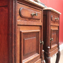 Load image into Gallery viewer, x SOLD Pair of Antique French Oak and Marble Top Bedside Tables Brass Handle Lamp Table B11027