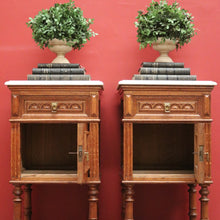 Load image into Gallery viewer, x SOLD Antique French Bedside Tables, Oak and Marble Lamp Table, Lamp Bedside Cabinets B11130