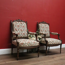 Load image into Gallery viewer, x SOLD Pair of Antique French Chairs, Armchairs, Walnut Gilt Frame Rust Amber Flowers B11187