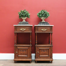 Load image into Gallery viewer, Pair of Bedside Tables Cabinets, Lamp Side Tables Antique French Oak and Marble. B10557