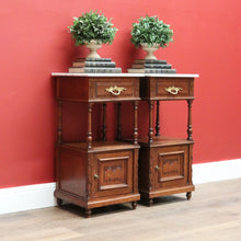 Load image into Gallery viewer, x SOLD Pair of Bedside Tables Cabinets, Lamp Side Tables Antique French Oak and Marble. B10557