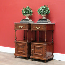 Load image into Gallery viewer, x SOLD Pair of Bedside Tables Cabinets, Lamp Side Tables Antique French Oak and Marble. B10557