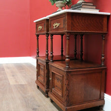 Load image into Gallery viewer, x SOLD Pair of Bedside Tables Cabinets, Lamp Side Tables Antique French Oak and Marble. B10557