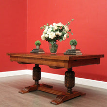 Load image into Gallery viewer, x SOLD Antique French Dining Table, Antique Oak Twin Pedestal 2 Draw Leaf Kitchen Table. B10524