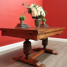 Load image into Gallery viewer, x SOLD Antique French Dining Table, Antique Oak Twin Pedestal 2 Draw Leaf Kitchen Table. B10524