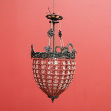 Load image into Gallery viewer, x SOLD Vintage French Chandelier of Basket Form, Brass, Glass and Beads Light Shade. 10379