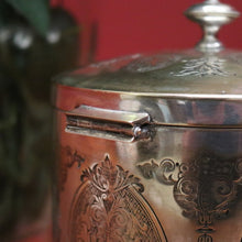 Load image into Gallery viewer, x SOLD Antique Silver Plate Biscuit Barrel Lift Lid Embossed Body Antique Lidded Vessel. B11244