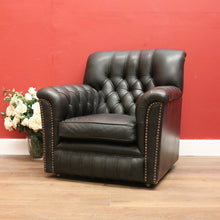 Load image into Gallery viewer, x SOLD Vintage Button Back Armchair Arm Chair, Black Leather Button Back and Arms Chair B11007