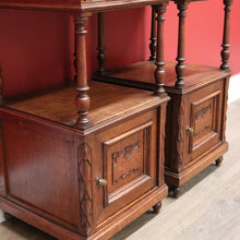 Load image into Gallery viewer, x SOLD Pair of Bedside Tables Cabinets, Lamp Side Tables Antique French Oak and Marble. B10557