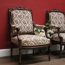 Load image into Gallery viewer, x SOLD Pair of Antique French Chairs, Armchairs, Walnut Gilt Frame Rust Amber Flowers B11187