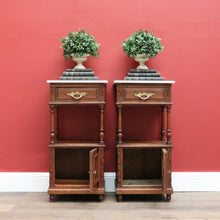Load image into Gallery viewer, x SOLD Pair of Bedside Tables Cabinets, Lamp Side Tables Antique French Oak and Marble. B10557