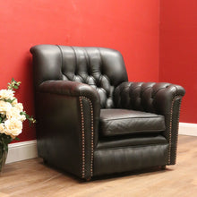 Load image into Gallery viewer, x SOLD Vintage Button Back Armchair Arm Chair, Black Leather Button Back and Arms Chair B11007