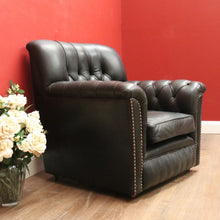 Load image into Gallery viewer, x SOLD Vintage Button Back Armchair Arm Chair, Black Leather Button Back and Arms Chair B11007