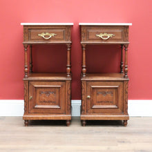 Load image into Gallery viewer, x SOLD Pair of Bedside Tables Cabinets, Lamp Side Tables Antique French Oak and Marble. B10557