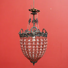 Load image into Gallery viewer, x SOLD Vintage French Chandelier of Basket Form, Brass, Glass and Beads Light Shade. 10379