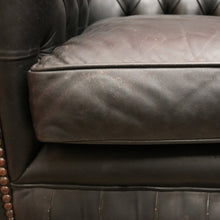 Load image into Gallery viewer, x SOLD Vintage Button Back Armchair Arm Chair, Black Leather Button Back and Arms Chair B11007