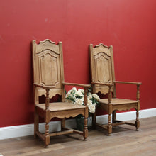 Load image into Gallery viewer, x SOLD Pair Antique French Oak Armchairs, Arm Chairs, Hall Chairs Dining Table Carvers B11199