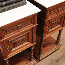 Load image into Gallery viewer, x SOLD Antique French Bedside Tables, Oak and Marble Lamp Table, Lamp Bedside Cabinets B11130