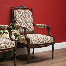 Load image into Gallery viewer, x SOLD Pair of Antique French Chairs, Armchairs, Walnut Gilt Frame Rust Amber Flowers B11187