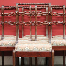 Load image into Gallery viewer, x SOLD Set of 6 Dining Chairs, Kitchen Chairs with Brass Inlay and Carved Back Rails. B9793