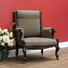 Load image into Gallery viewer, x SOLD Antique English Grandfather Chair, Walnut and Fabric Grandfather Armchair Seat B10989