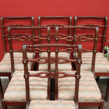 Load image into Gallery viewer, x SOLD Set of 6 Dining Chairs, Kitchen Chairs with Brass Inlay and Carved Back Rails. B9793