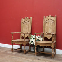 Load image into Gallery viewer, x SOLD Pair Antique French Oak Armchairs, Arm Chairs, Hall Chairs Dining Table Carvers B11199