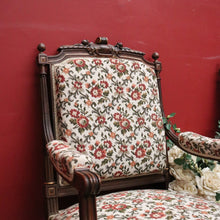 Load image into Gallery viewer, x SOLD Pair of Antique French Chairs, Armchairs, Walnut Gilt Frame Rust Amber Flowers B11187