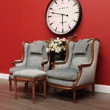 Load image into Gallery viewer, x SOLD Pair of French Wing Back Armchairs and Foot Stool, High Back Lounge Chairs Stool B10514