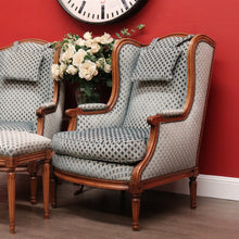 Load image into Gallery viewer, x SOLD Pair of French Wing Back Armchairs and Foot Stool, High Back Lounge Chairs Stool B10514
