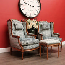 Load image into Gallery viewer, x SOLD Pair of French Wing Back Armchairs and Foot Stool, High Back Lounge Chairs Stool B10514