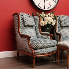 Load image into Gallery viewer, x SOLD Pair of French Wing Back Armchairs and Foot Stool, High Back Lounge Chairs Stool B10514