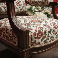 Load image into Gallery viewer, x SOLD Pair of Antique French Chairs, Armchairs, Walnut Gilt Frame Rust Amber Flowers B11187