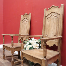 Load image into Gallery viewer, x SOLD Pair Antique French Oak Armchairs, Arm Chairs, Hall Chairs Dining Table Carvers B11199