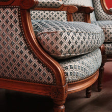 Load image into Gallery viewer, x SOLD Pair of French Wing Back Armchairs and Foot Stool, High Back Lounge Chairs Stool B10514