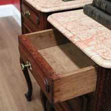 Load image into Gallery viewer, x SOLD Pair of Antique French Oak and Marble Top Bedside Tables Brass Handle Lamp Table B11027